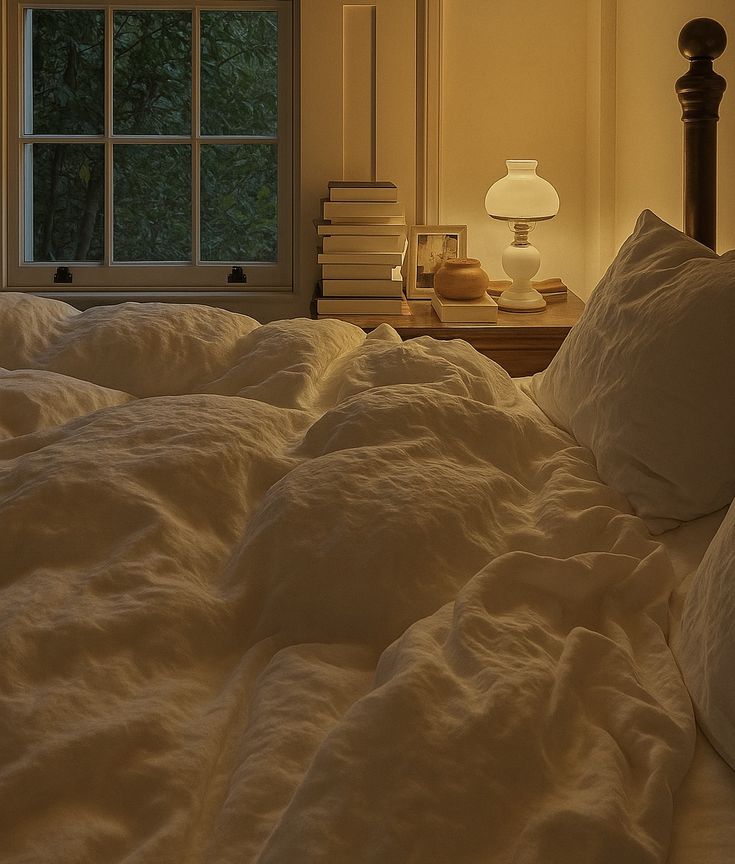 a bed with a white duvet and a lamp is turned on while sitting on the nightstand surrounded by books